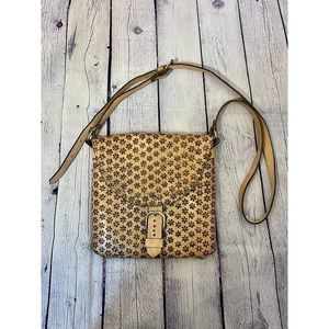 Leather Crossbody Embossed Bag - Handmade in Mexico - Brown/Tan - Floral Design